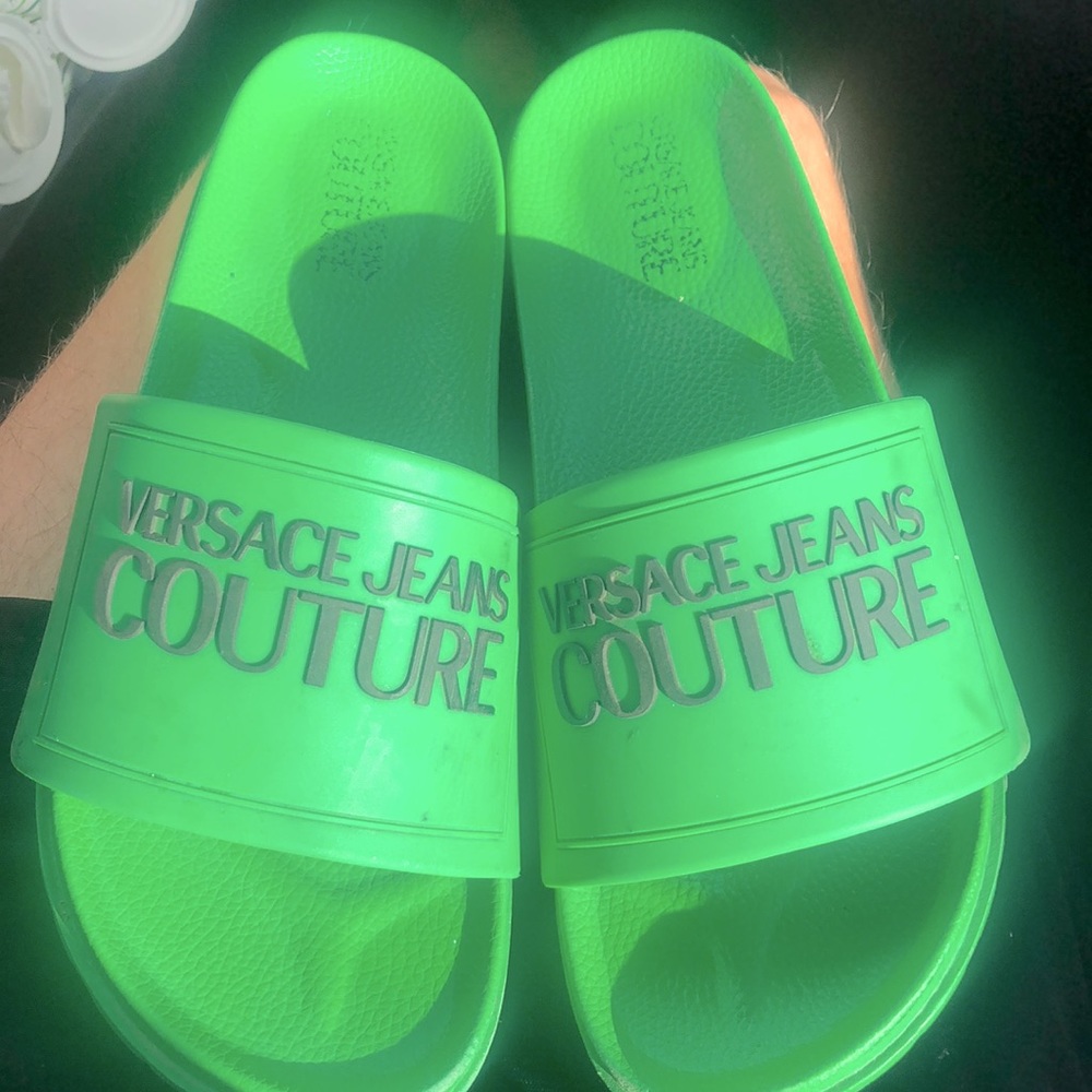 Versace Green Slides. Good condition. Size 10.5 -11.5.